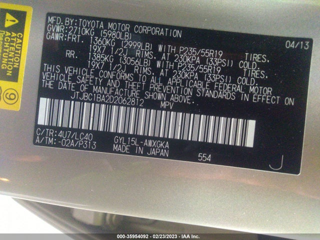 2013 LEXUS RX 450H VIN: JTJBC1BA2D2062812