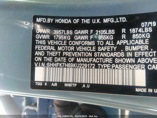 Honda Civic Hatchback Ex 2019 SHHFK7H69KU229172 Image 10