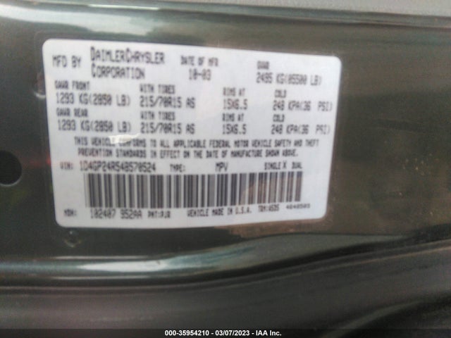 2004 DODGE GRAND CARAVAN SE VIN: 1D4GP24R54B570524