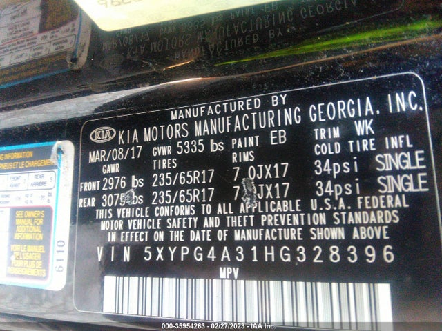 2017 Kia Sorento, VIN: 5XYPG4A31HG328396