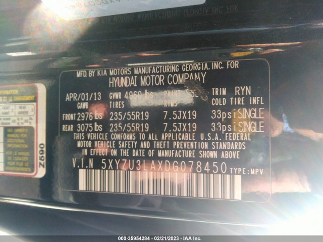 2013 HYUNDAI SANTA FE 2.0T SPORT VIN: 5XYZU3LAXDG078450
