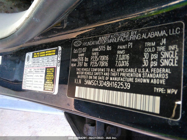 2008 HYUNDAI SANTA FE GLS VIN: 5NMSG13D48H162539