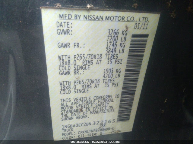 2011 NISSAN TITAN SV VIN: 1N6BA0EC2BN322165