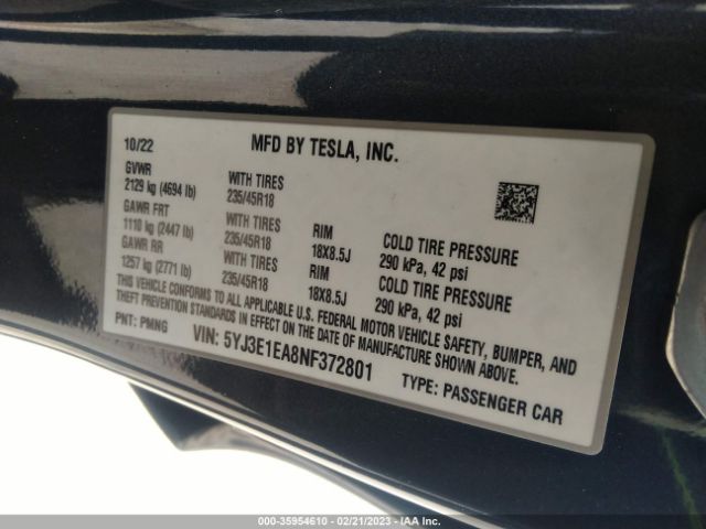 5YJ3E1EA8NF372801 Tesla MODEL 3