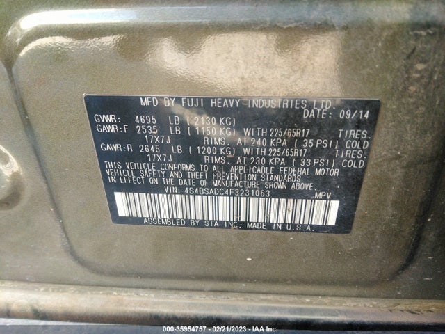 Subaru Outback 2.5i Premium 2015 4S4BSADC4F3231063 Image 9