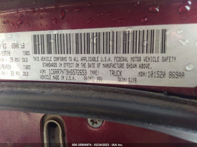 2017 RAM 1500 LARAMIE VIN: 1C6RR7NT9HS572653