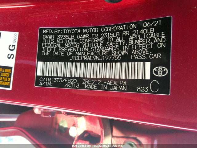 2022 TOYOTA COROLLA LE VIN: JTDEPMAE9NJ197755