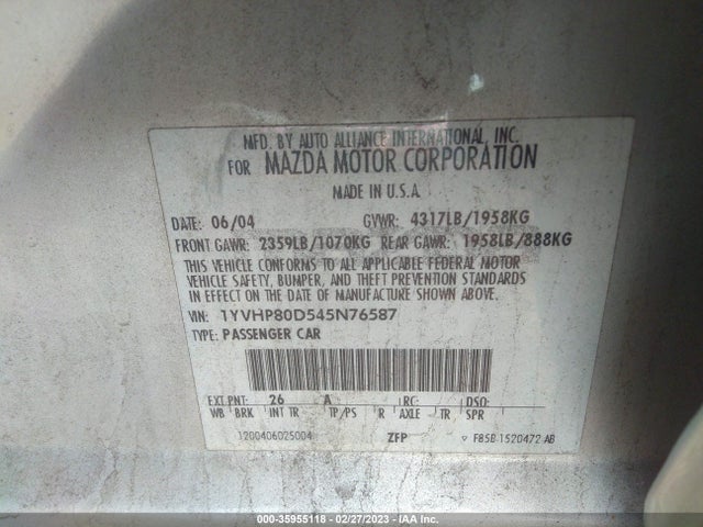 2004 MAZDA MAZDA6 S VIN: 1YVHP80D545N76587