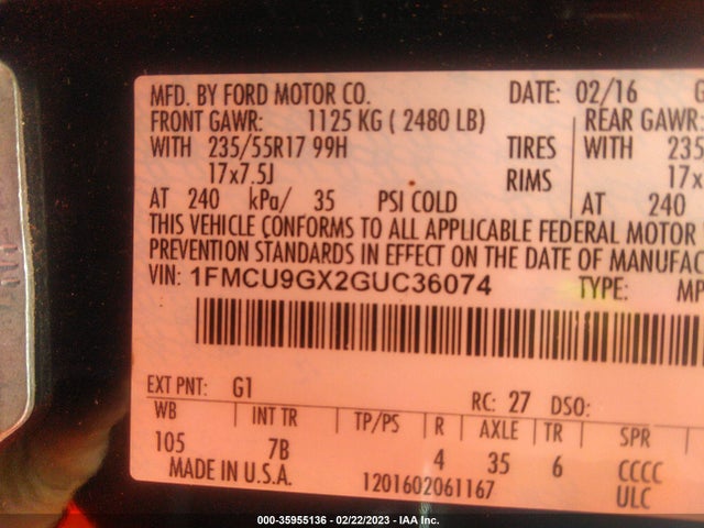 2016 FORD ESCAPE SE VIN: 1FMCU9GX2GUC36074