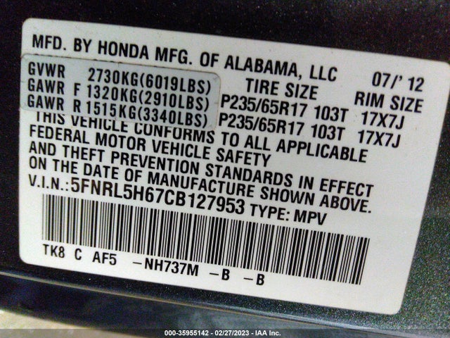 Honda Odyssey Ex-l 2012 5FNRL5H67CB127953 Image 11