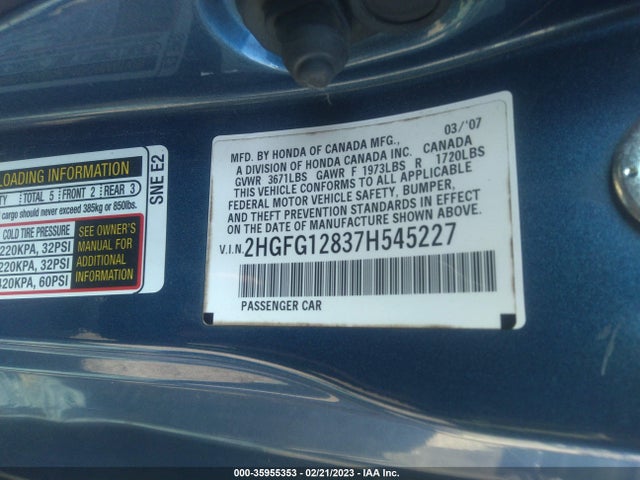 2007 HONDA CIVIC CPE EX VIN: 2HGFG12837H545227