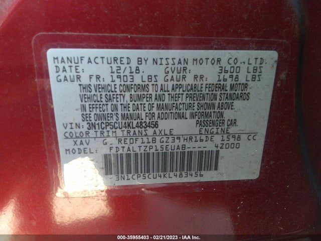 2019 NISSAN KICKS SR VIN: 3N1CP5CU4KL483456
