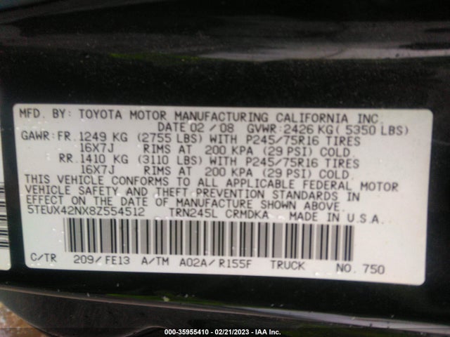 2008 TOYOTA TACOMA VIN: 5TEUX42NX8Z554512