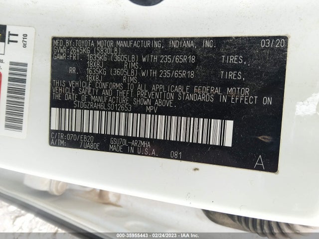 Toyota Highlander Xle 2020 5TDGZRAH6LS012653 Image 9