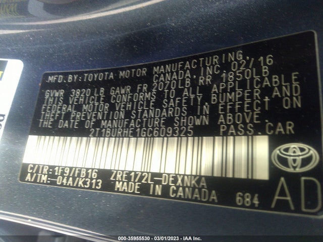 2016 TOYOTA COROLLA L/LE/S/S PLUS/LE PLUS VIN: 2T1BURHE1GC609325