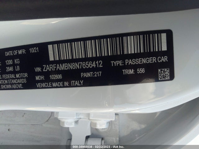 2022 Alfa Romeo Giulia, VIN: ZARFAMBN8N7656412