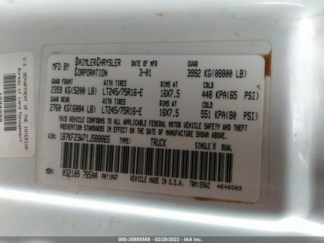 Dodge RAM 2500 2001 1B7KF23W71J588865 Image 10