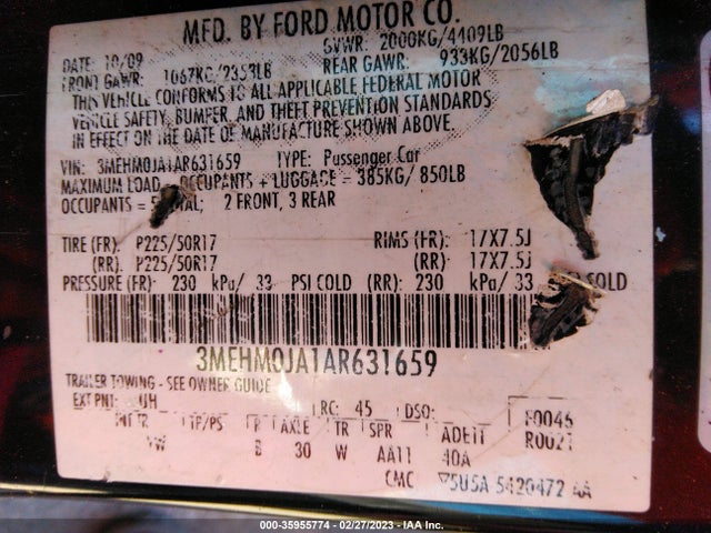 2010 MERCURY MILAN PREMIER VIN: 3MEHM0JA1AR631659