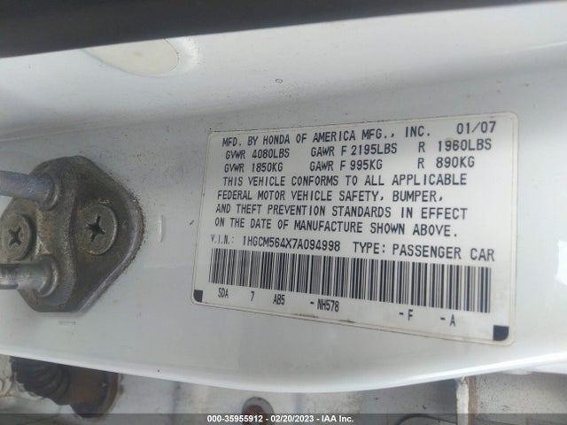 2007 HONDA ACCORD SDN LX VIN: 1HGCM564X7A094998