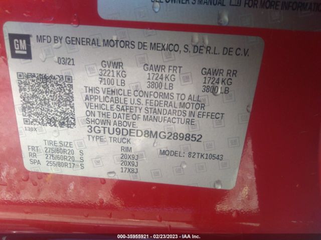 3GTU9DED8MG289852 GMC Sierra 1500 Slt