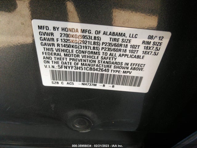 2012 HONDA PILOT EX-L VIN: 5FNYF3H51CB042640