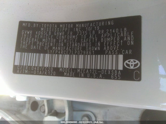 2020 TOYOTA COROLLA SE VIN: 5YFP4RCE7LP029861
