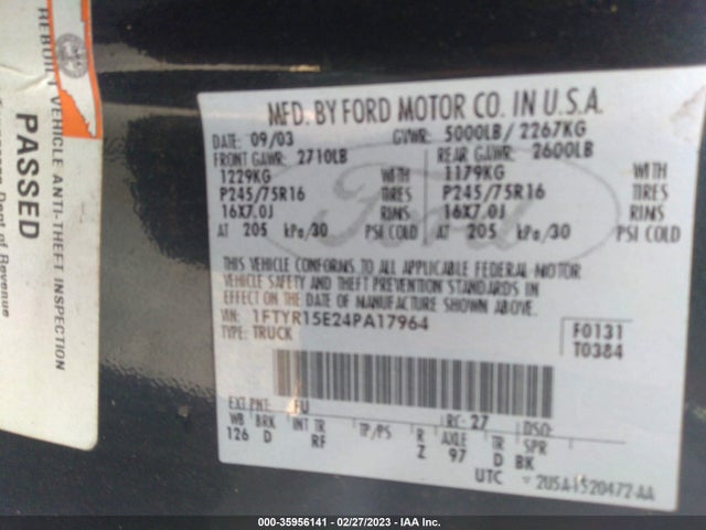 2004 FORD RANGER XL FLEET/XLT VALUE/XLT VIN: 1FTYR15E24PA17964