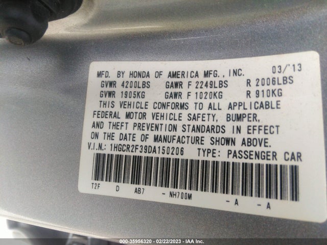 2013 HONDA ACCORD SDN LX VIN: 1HGCR2F39DA150206