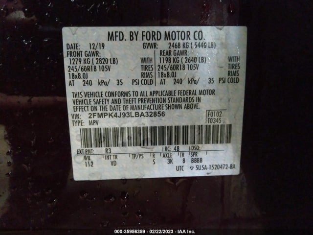 2020 FORD EDGE SEL/ST-LINE VIN: 2FMPK4J93LBA32856