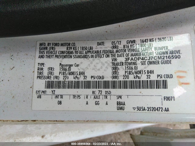 2012 FORD FIESTA SEL VIN: 3FADP4CJ7CM216590
