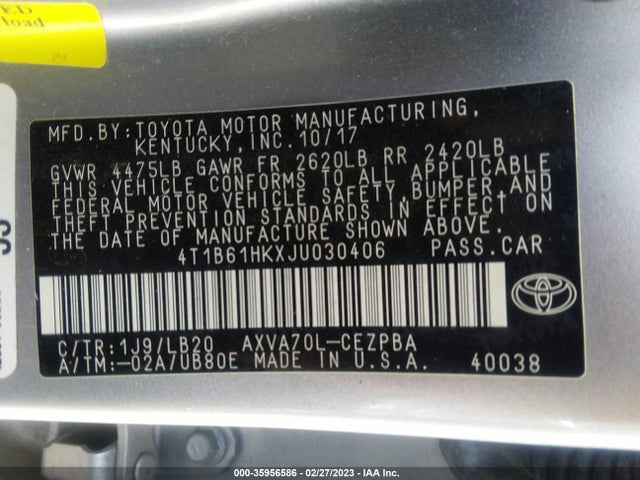 2018 Toyota Camry, VIN: 4T1B61HKXJU030406