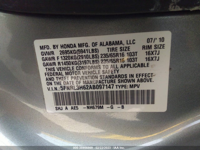 2010 HONDA ODYSSEY EX-L VIN: 5FNRL3H62AB097147