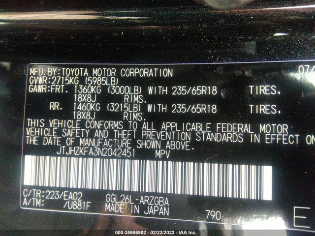 JTJHZKFA3N2042451 Lexus Rx Rx 350l