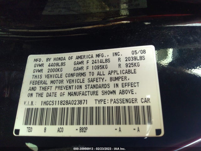 2008 HONDA ACCORD CPE EX-L VIN: 1HGCS11828A023871