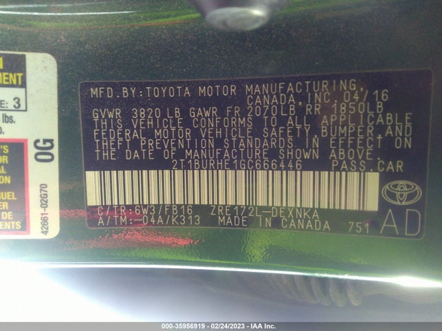 2016 TOYOTA COROLLA L/LE/S/S PLUS/LE PLUS VIN: 2T1BURHE1GC666446