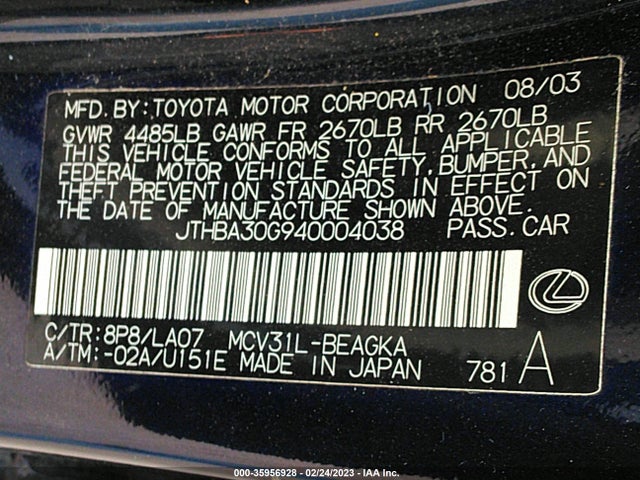 Lexus ES 330 2004 JTHBA30G940004038 Image 10