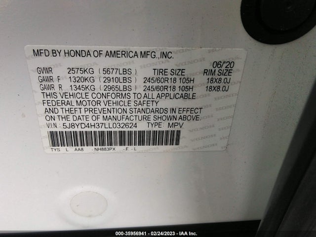2020 Acura Mdx მანქანა იყიდება აუქციონზე, vin: 5J8YD4H37LL032624, აუქციონის ნომერი: 35956941