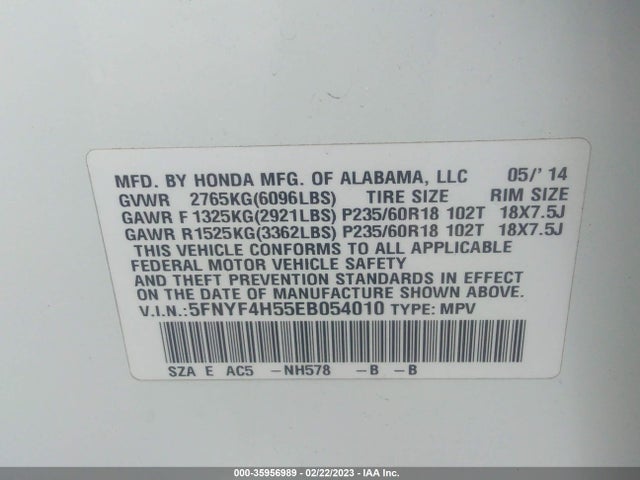 Honda Pilot Ex-l 2014 5FNYF4H55EB054010 Image 9