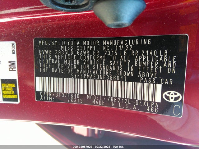 2022 TOYOTA COROLLA LE VIN: 5YFEPMAE3NP386011