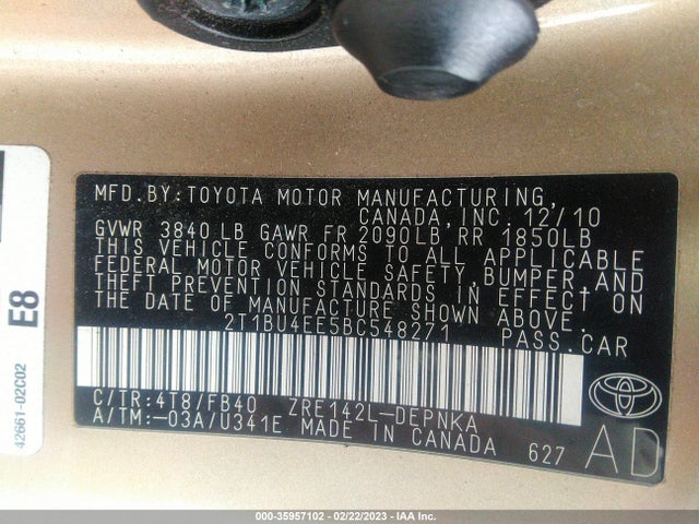 2011 TOYOTA COROLLA L/LE/S VIN: 2T1BU4EE5BC548271