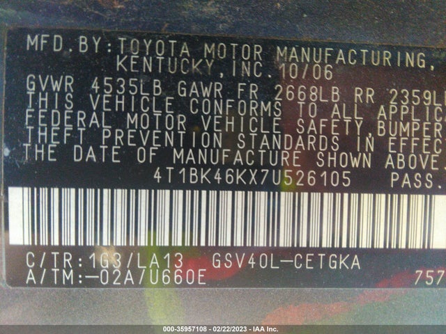 2007 TOYOTA CAMRY LE/SE/XLE VIN: 4T1BK46KX7U526105