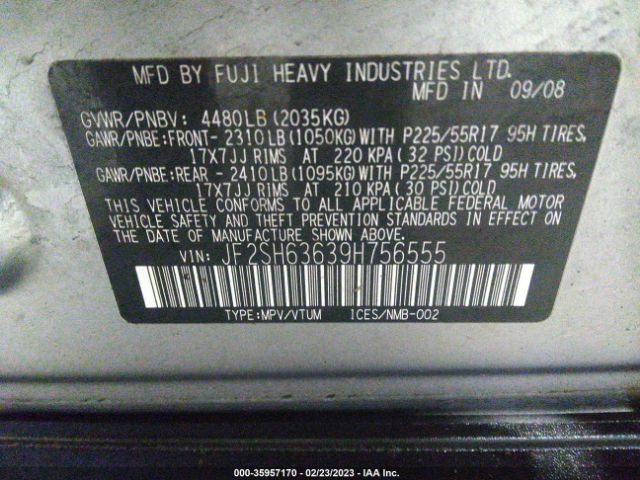 JF2SH63639H756555 Subaru Forester X W/prem/all-weather