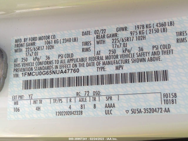 2022 Ford Escape, VIN: 1FMCU0G65NUA47760