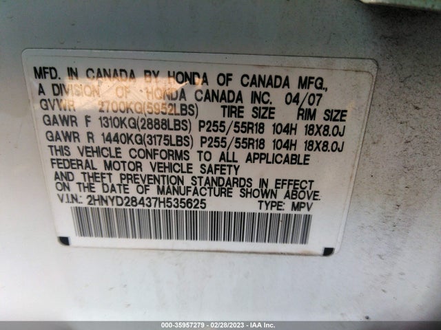 Acura Mdx Tech/entertainment Pkg 2007 2HNYD28437H535625 Image 10