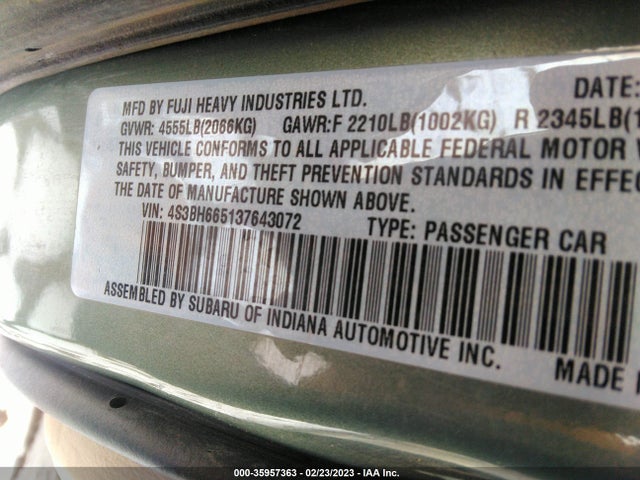 2003 SUBARU LEGACY WAGON OUTBACK VIN: 4S3BH665137643072