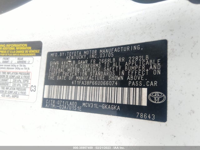 2006 TOYOTA CAMRY SOLARA V6 VIN: 4T1FA38P66U066074