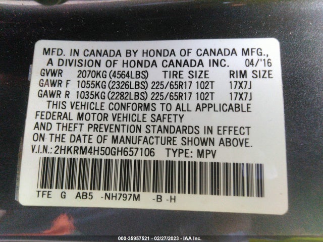 2016 Honda CR-V, VIN: 2HKRM4H50GH657106