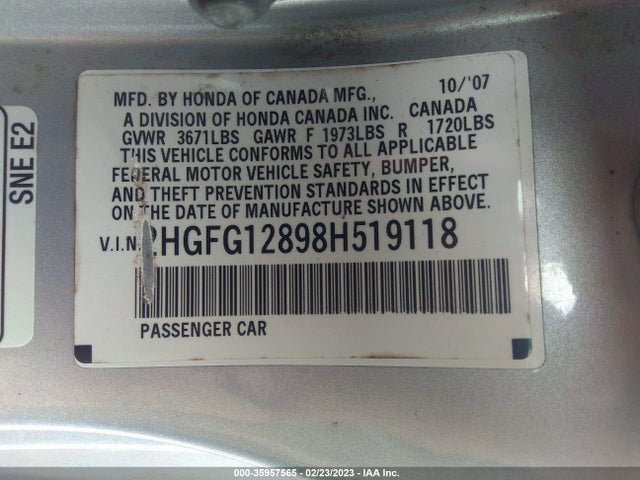 2008 HONDA CIVIC CPE EX VIN: 2HGFG12898H519118