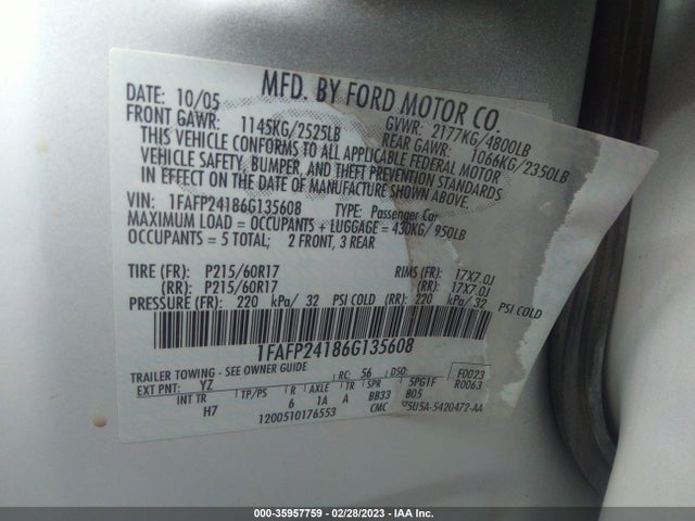 2006 FORD FIVE HUNDRED SEL VIN: 1FAFP24186G135608