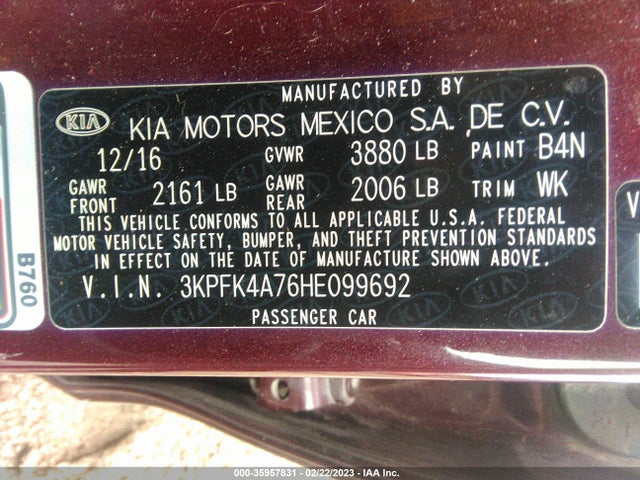 2017 KIA FORTE LX VIN: 3KPFK4A76HE099692